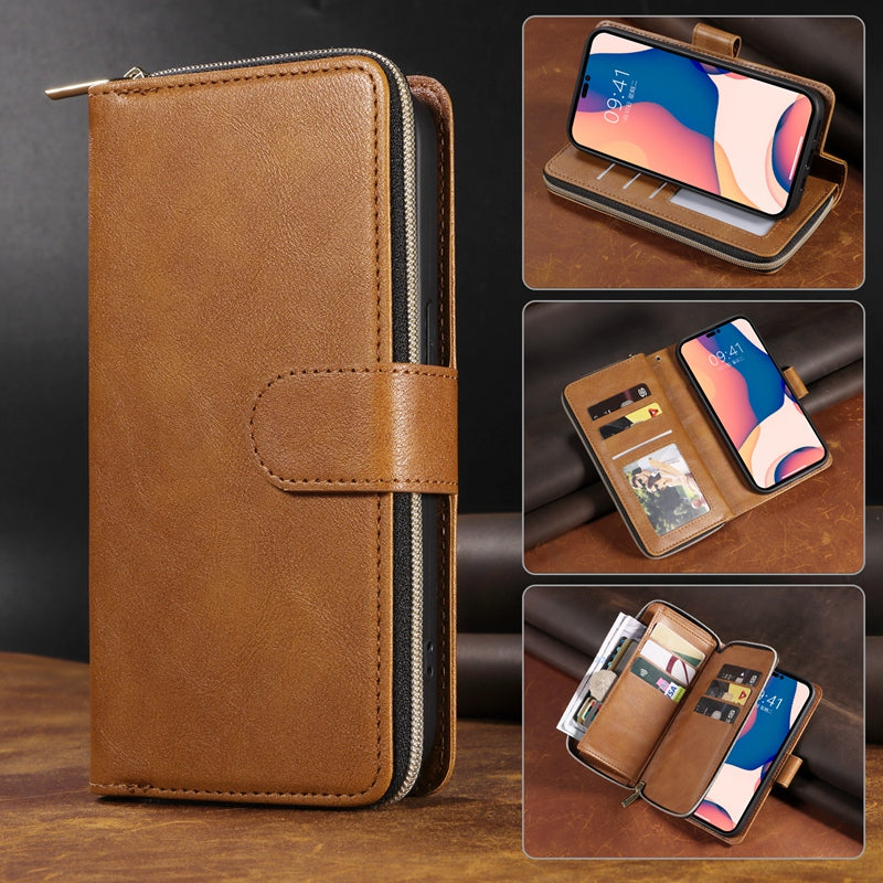 Premium 9 Card Slots Leather Wallet iPhone Case – Durable Zipper Flip Cover, Magnetic Stand, Shockproof Protection, Multi-Card Holder for iPhone