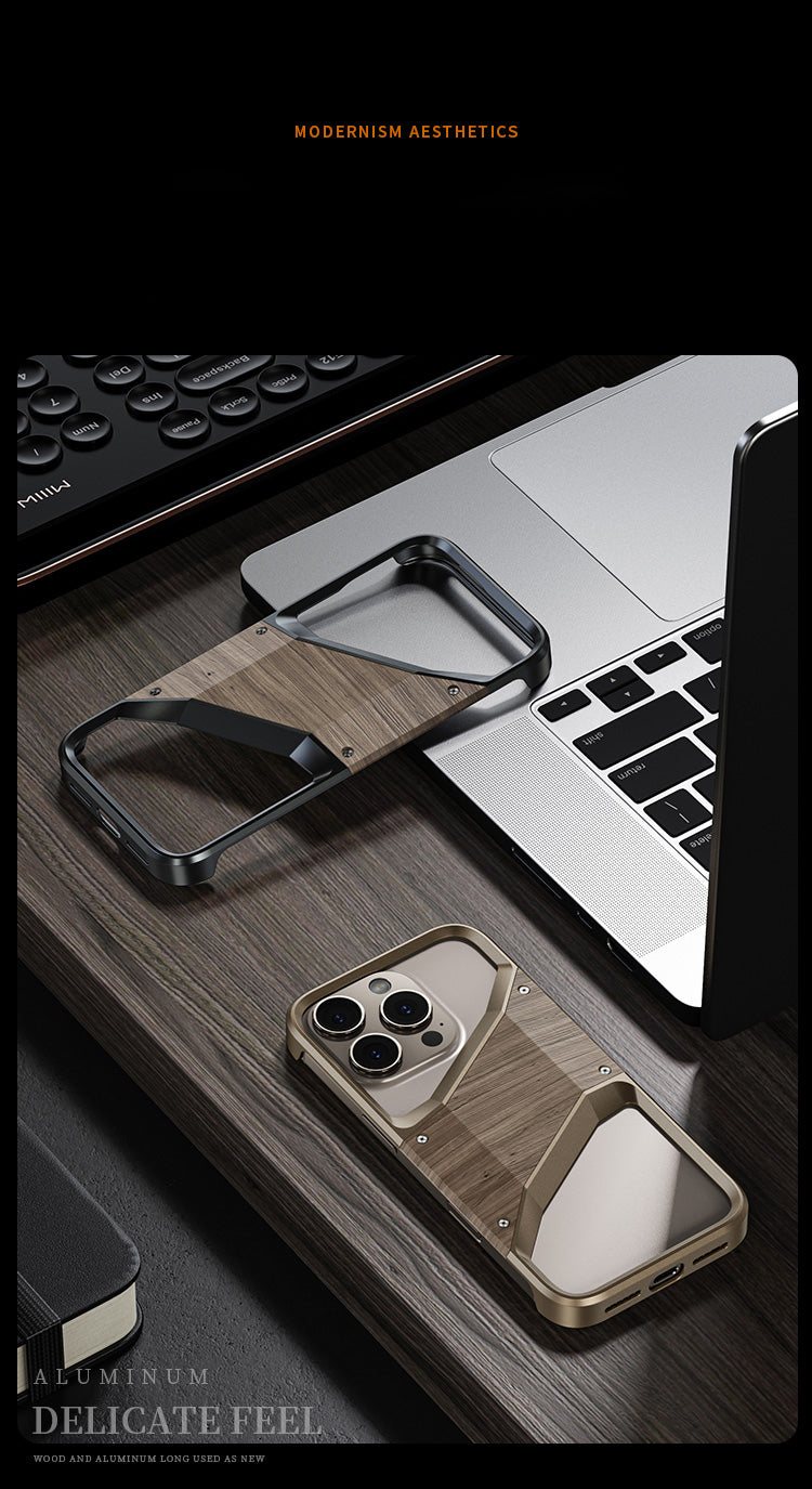 Irregular Metal Frame iPhone Case – Aluminum Alloy and Solid Wood Shockproof Frameless Cover for iPhone Models, Durable and Unique Design