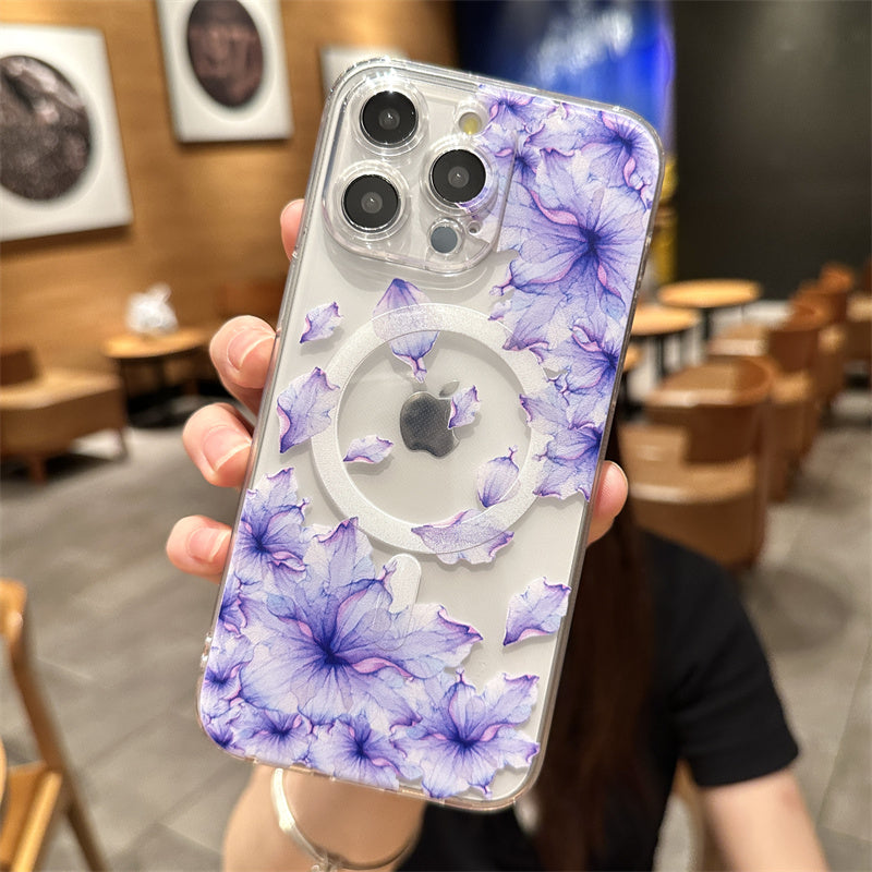 Transparent Floral MagSafe Case - Clear Shockproof Phone Cover with Magnetic Wireless Charging Compatibility Case for iPhone