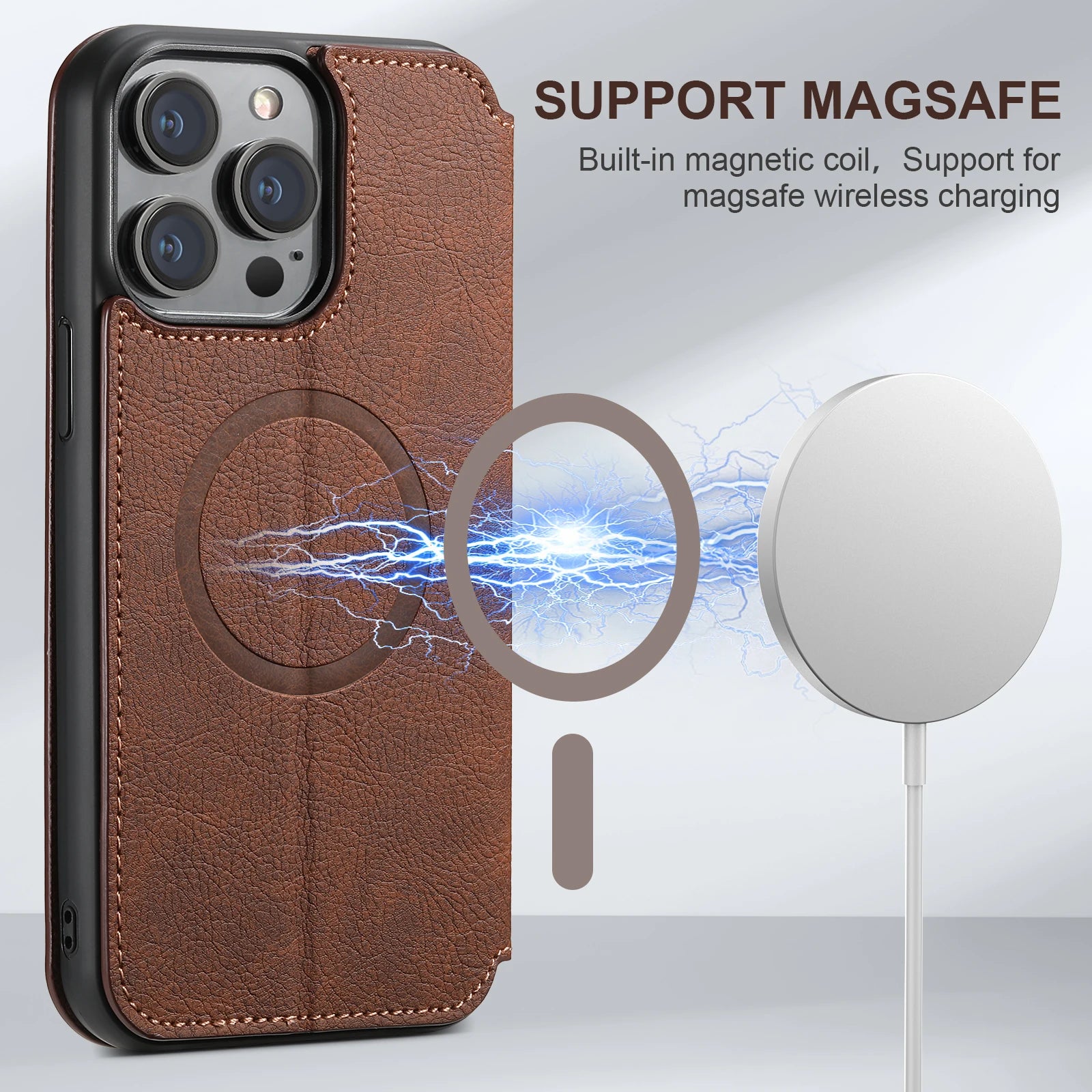 Luxury Leather Magnetic Flip Case – MagSafe Wallet Card Holder, Wireless Charging Compatible, Shockproof Protection, Elegant Design for iPhone Models