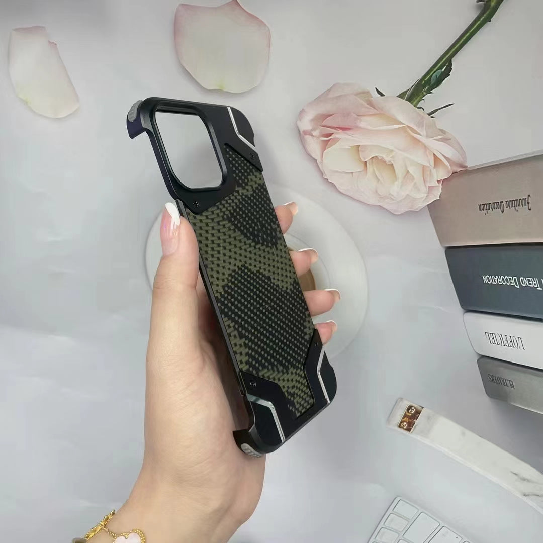 Camouflage Metal Armor Case Frameless Real Carbon Fiber Cover with Built-In Magnet for iPhone Models, Durable and  Protection