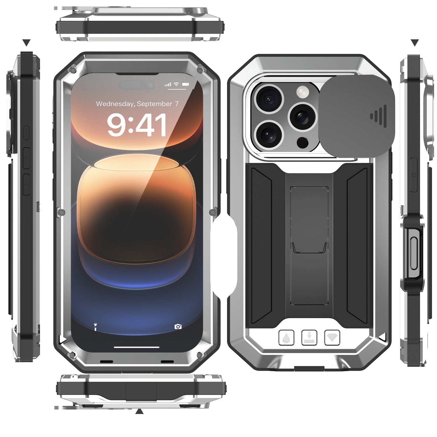 Military Heavy-Duty Metal iPhone Case – Full-Body Hybrid Cover with Slide Camera Protection & Built-in Screen Protector for iPhone Models