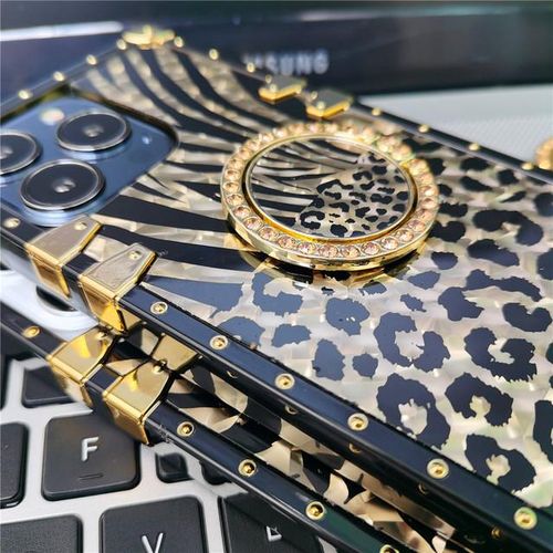 Luxury Leopard Gold Plating Phone Case Glitter Diamond Ring Stand for iPhone Models Stylish Design Durable & Functional Funda