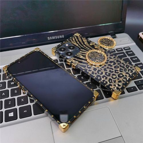 Luxury Leopard Gold Plating Phone Case Glitter Diamond Ring Stand for iPhone Models Stylish Design Durable & Functional Funda