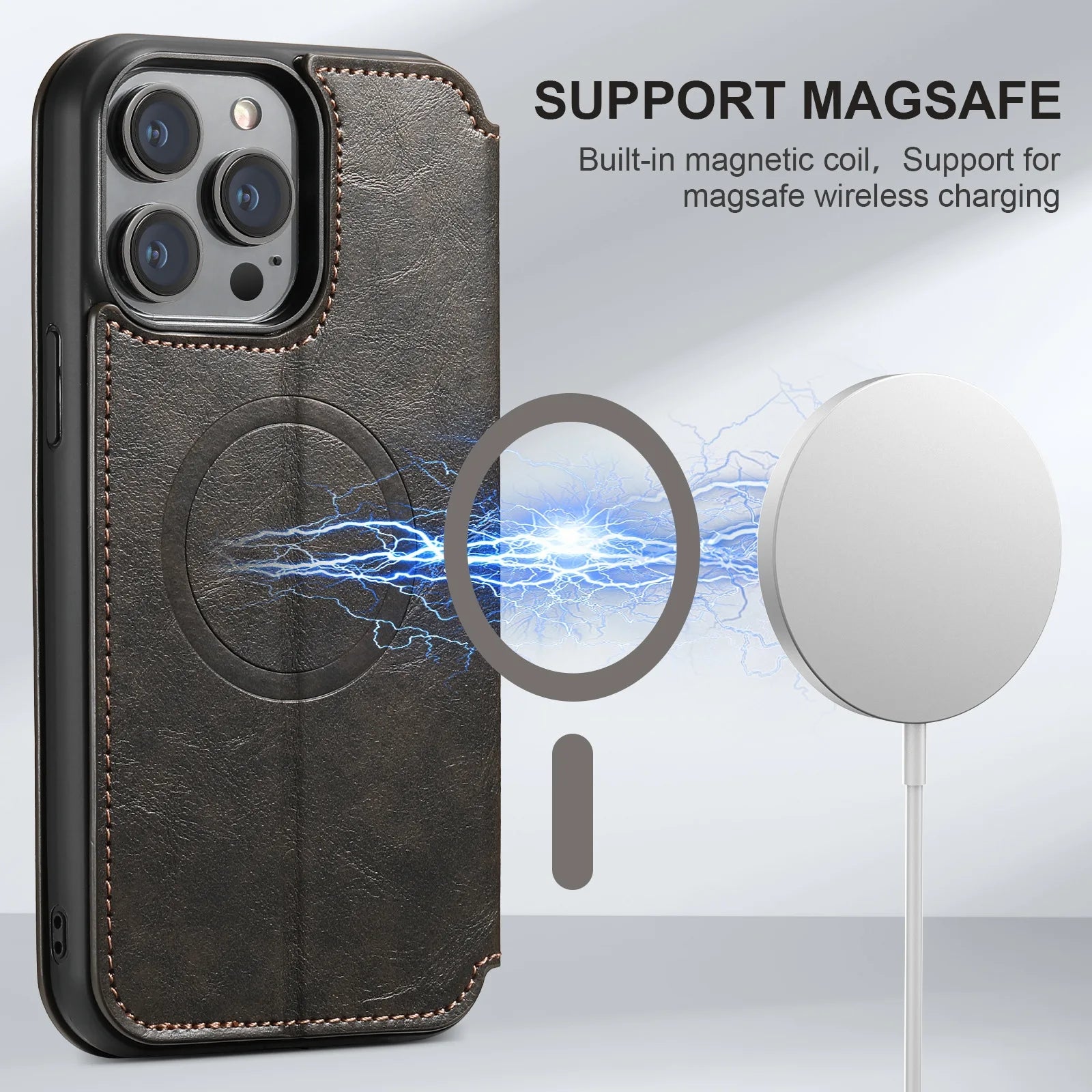 Luxury Leather Magnetic Flip Case – MagSafe Wallet Card Holder, Wireless Charging Compatible, Shockproof Protection, Elegant Design for iPhone Models