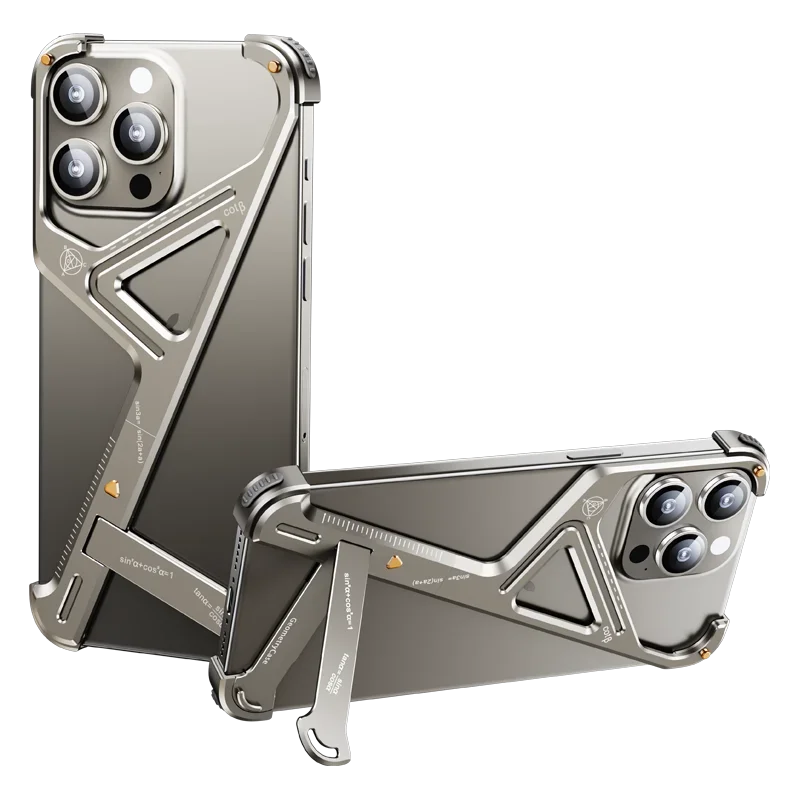 Luxury Geometric Metal Phone Case – Aluminum Alloy Shockproof Cover with Removable Stand for iPhone Models, Stylish and Durable Design