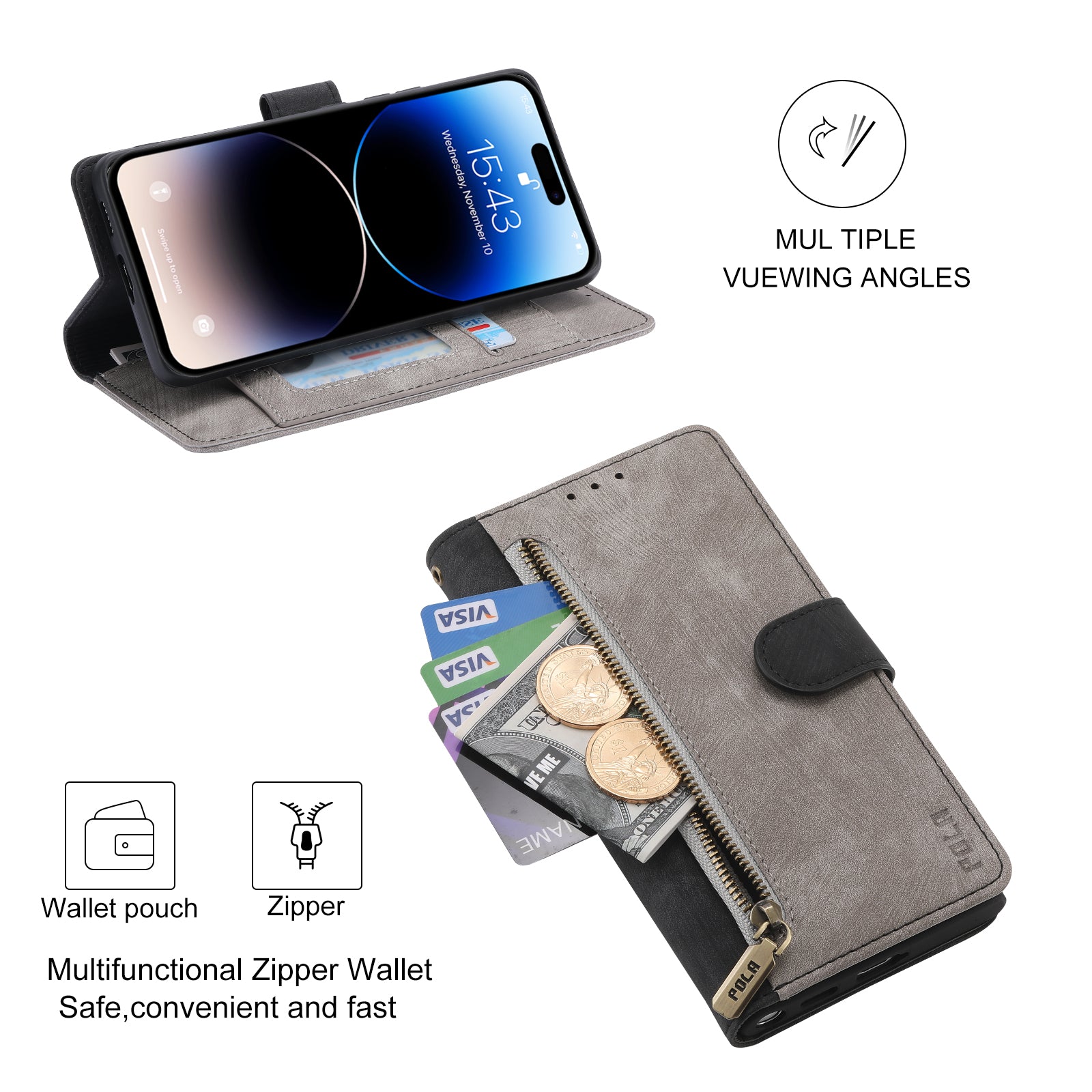 RFID Blocking Leather Wallet Case – Zipper Flip Cover, Card Slot Holder, Magnetic Stand, Shockproof Protection, Premium Design for iPhone