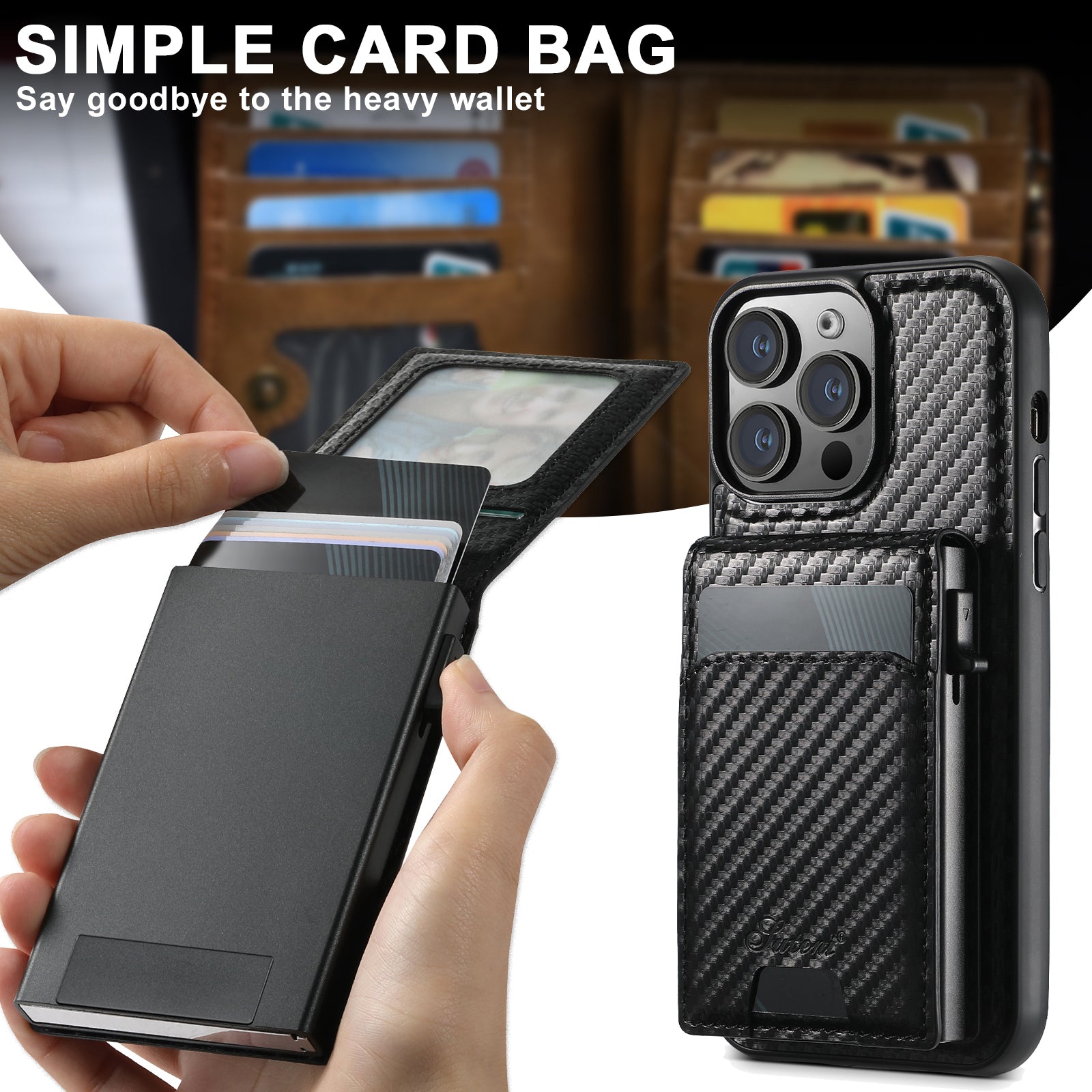 Carbon Fiber Texture Detachable Leather iPhone Case – Magnetic Wallet, Card Holder, Shockproof Protection, Stylish & Durable