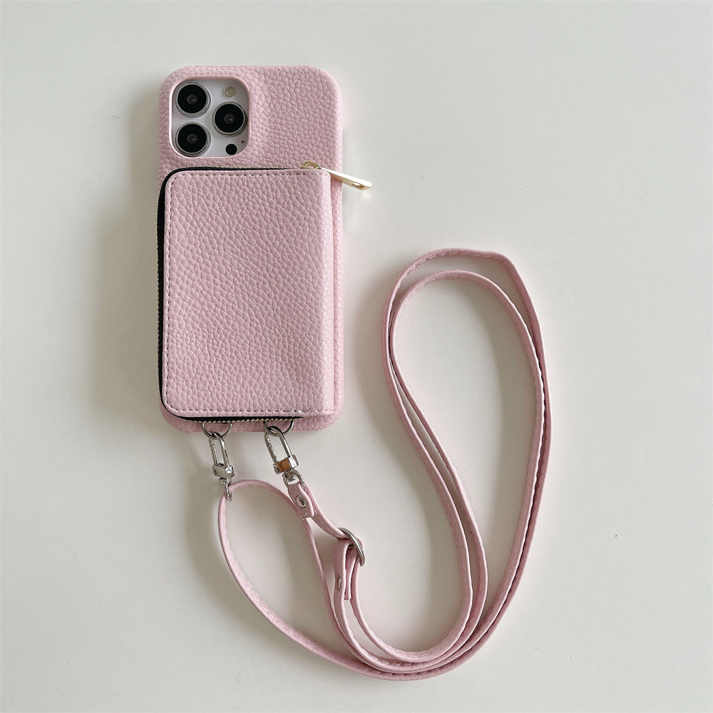 Luxury Zipper Wallet Crossbody iPhone Case – Leather Cover with Card Slot, Shoulder Lanyard, and Full Protection for iPhone Models