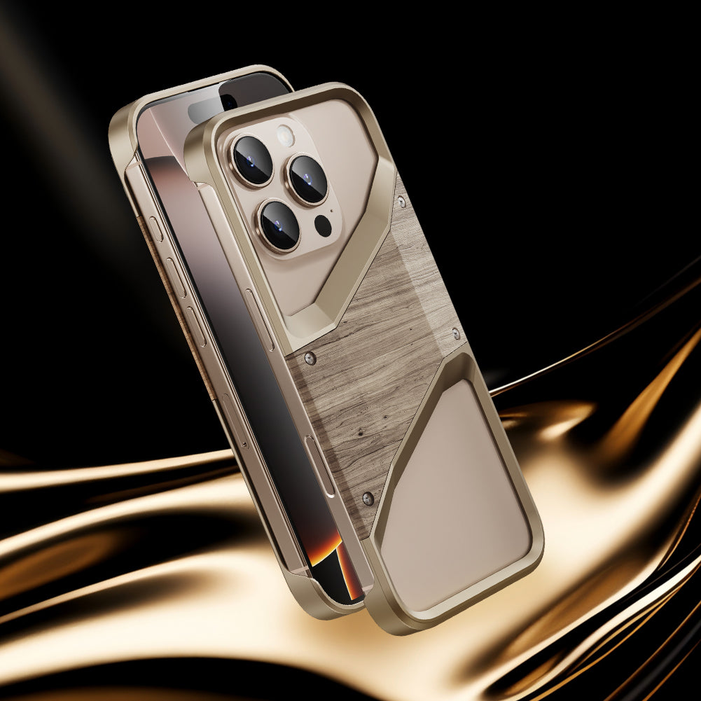 Irregular Metal Frame iPhone Case – Aluminum Alloy and Solid Wood Shockproof Frameless Cover for iPhone Models, Durable and Unique Design