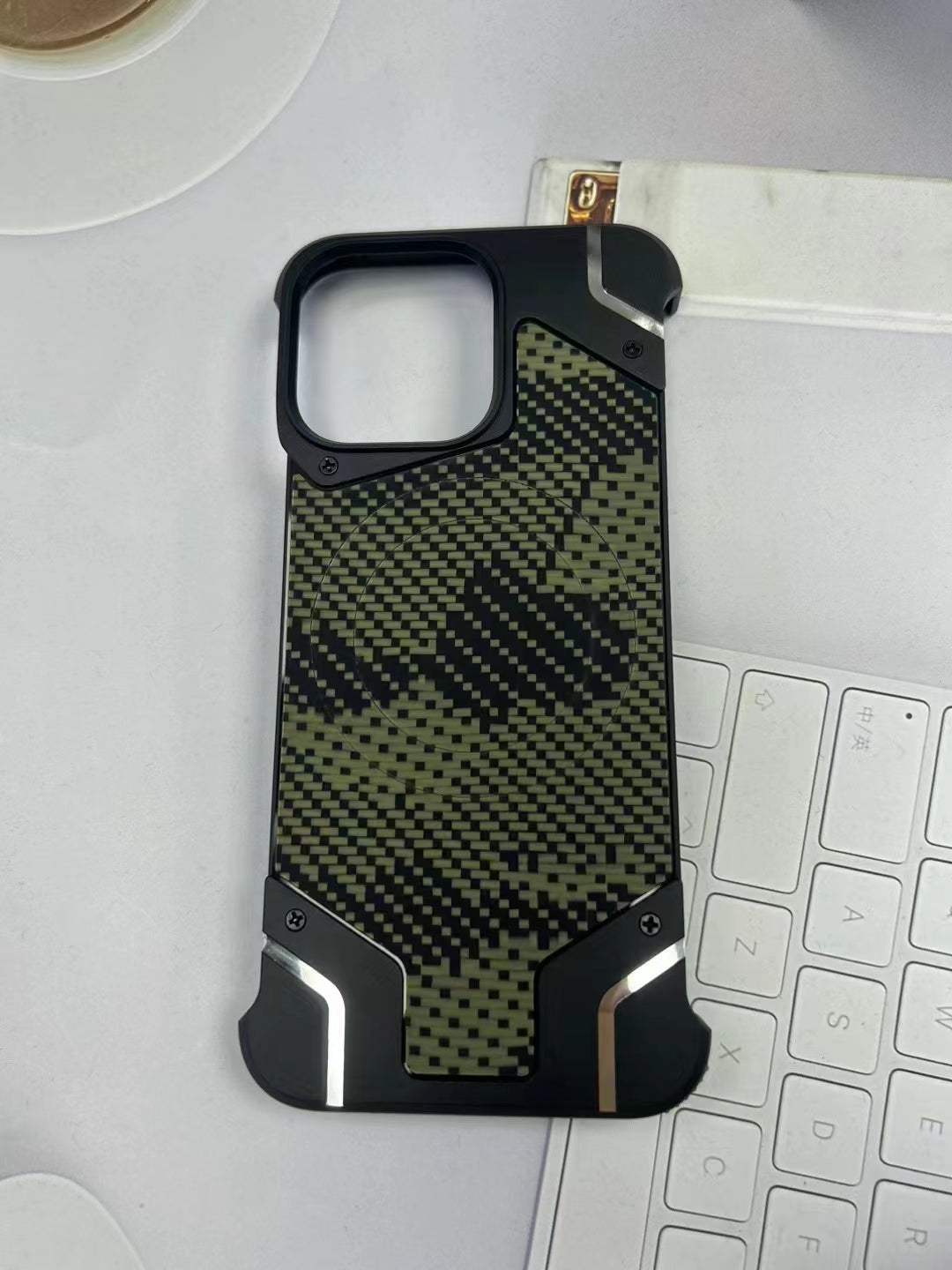 Camouflage Metal Armor Case Frameless Real Carbon Fiber Cover with Built-In Magnet for iPhone Models, Durable and  Protection