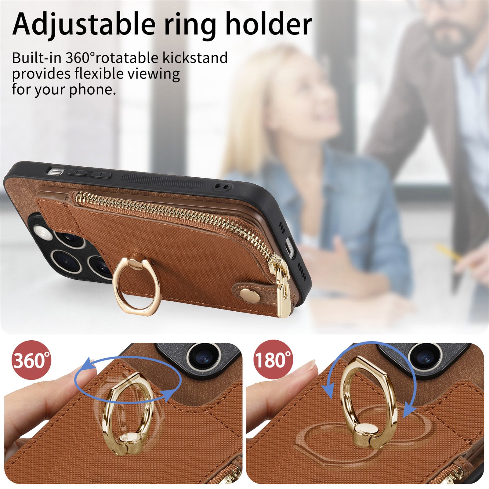 Luxury Zipper Wallet Leather Phone Case – Card Holder, Ring Kickstand, Shockproof Protection, and Stylish Crossbody Design for Secure & Convenient Use