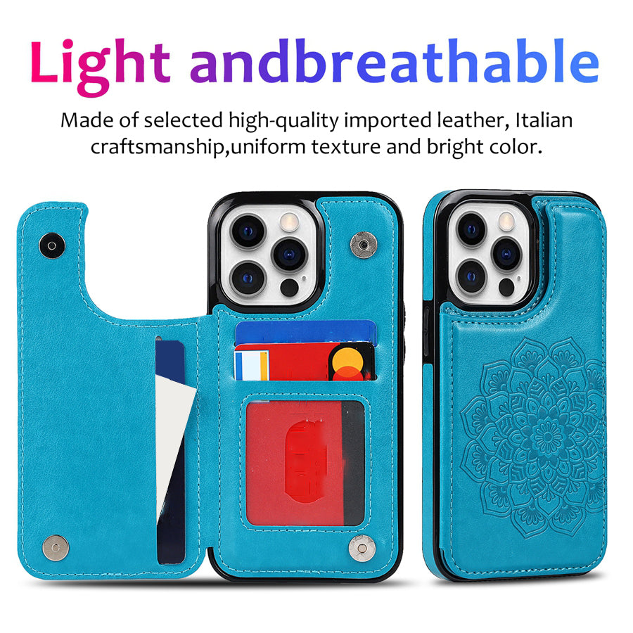 Luxury Wallet Datura Double Buckle Leather Case for iPhone – Magnetic Flip with Card Slot, Protective Cover for iPhone 16 Pro Max, 15 Plus, 14, 13, 12, 11, SE 2, X, XS, XR