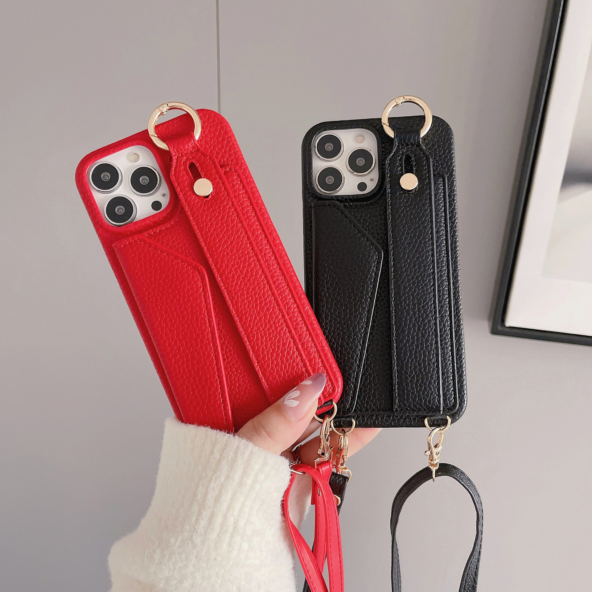 Luxury Crossbody Leather Wallet Case – Wrist Strap, Ring Holder, Card Slot, Shockproof Protection, Stylish Design for iPhone