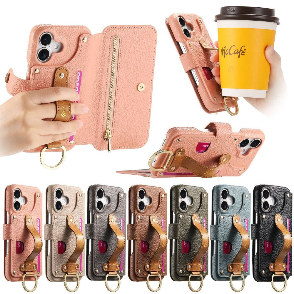 Luxury Wallet Flip Phone Case – Card Slot Holder, Wrist Strap, Ring Kickstand, Shockproof Cover for iPhone Models