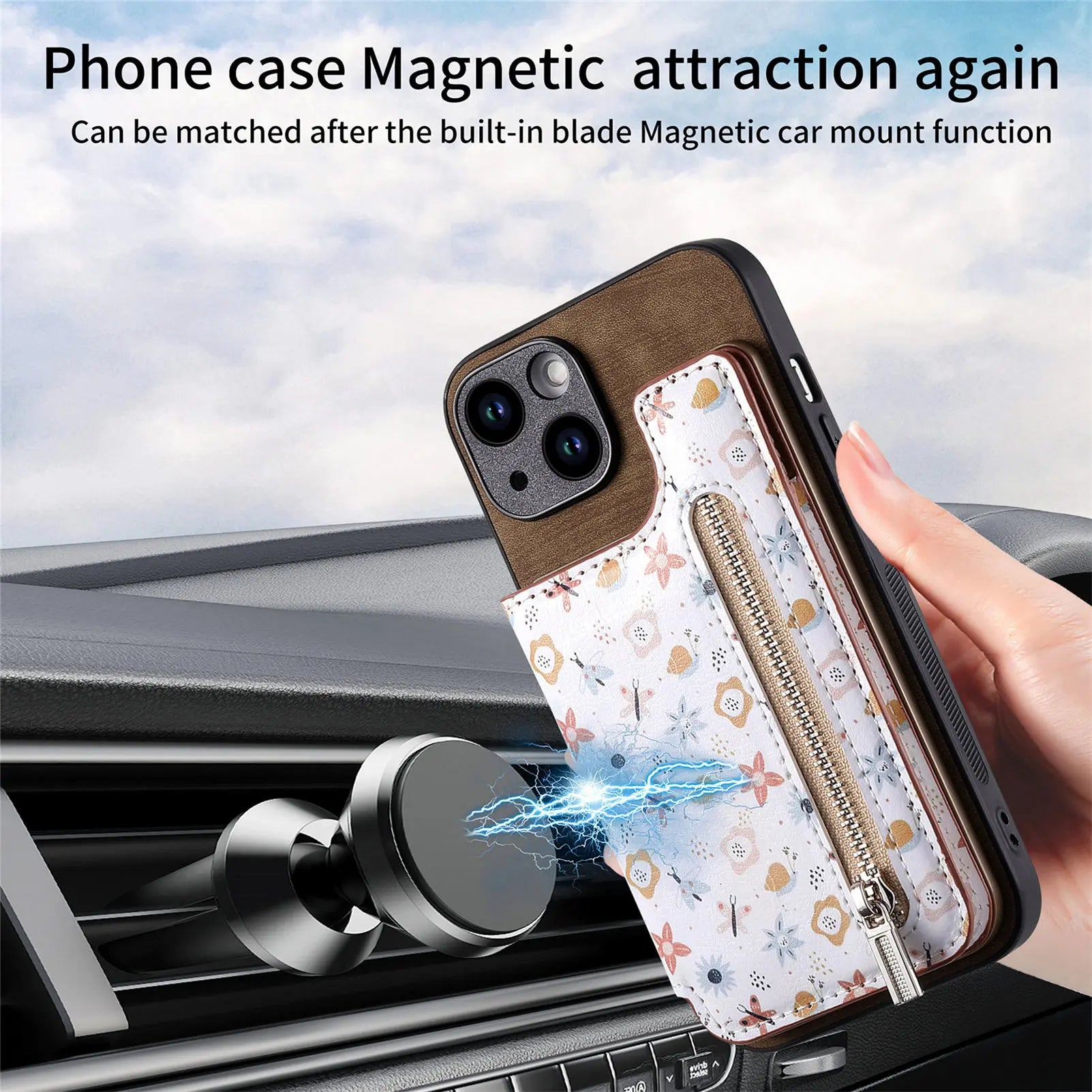 Zipper Card Slot Wallet Case – Magnetic Closure, Purse Pocket, Floral Design, Shockproof Protective Cover for iPhone