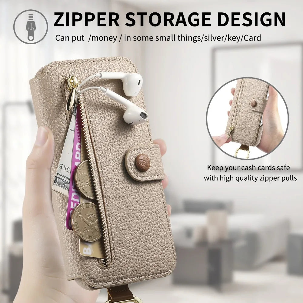 Luxury Wallet Flip iPhone Case – Card Slot Holder, Wrist Strap, Ring Kickstand, Shockproof Cover for iPhone Models