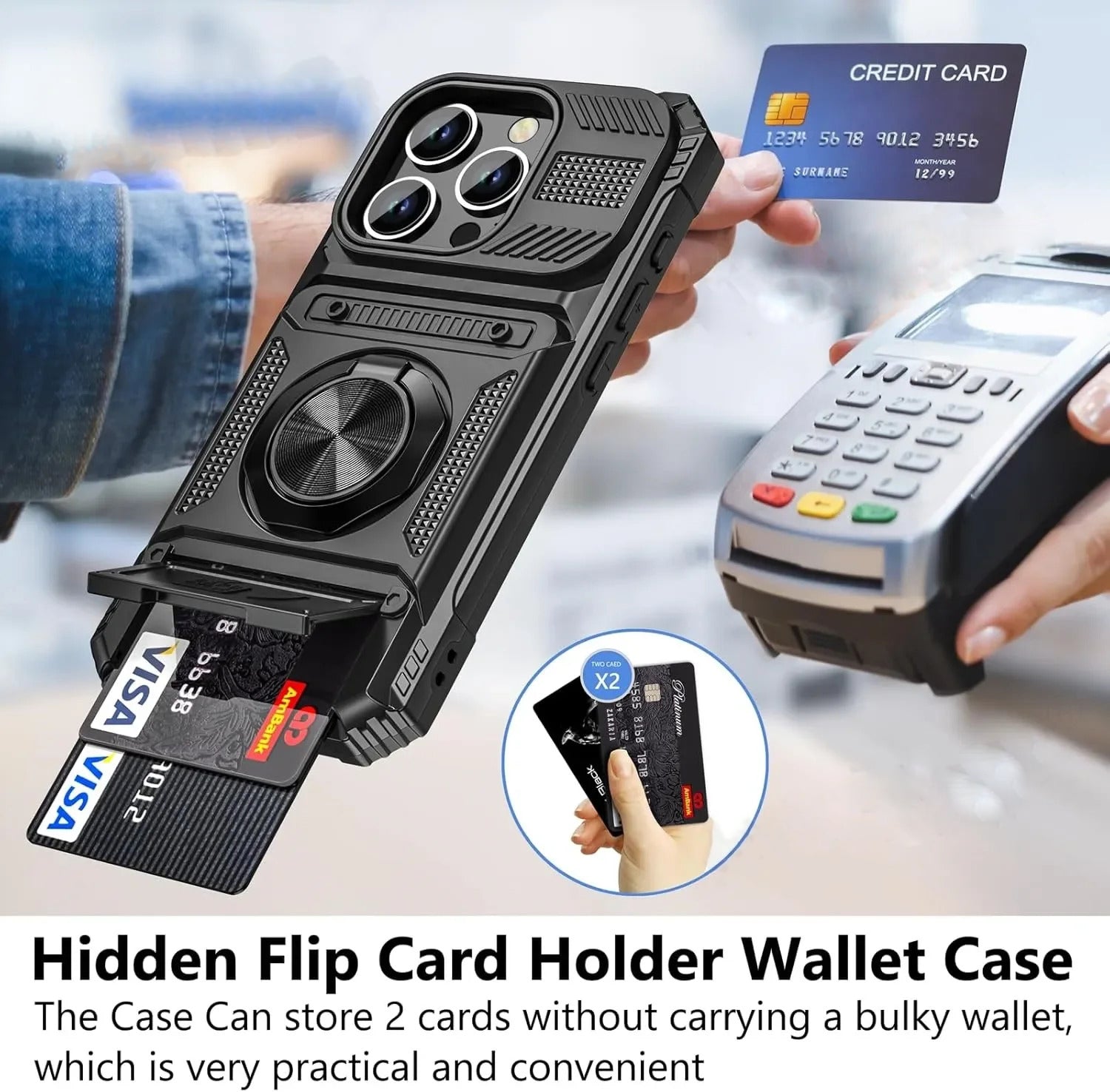 Magnetic Card Holder Case – Rotating Ring Kickstand, Heavy-Duty Shockproof Wallet Cover for iPhone Models