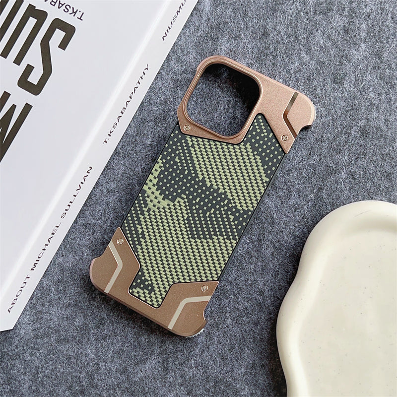 Camouflage Metal Armor Case Frameless Real Carbon Fiber Cover with Built-In Magnet for iPhone Models, Durable and  Protection