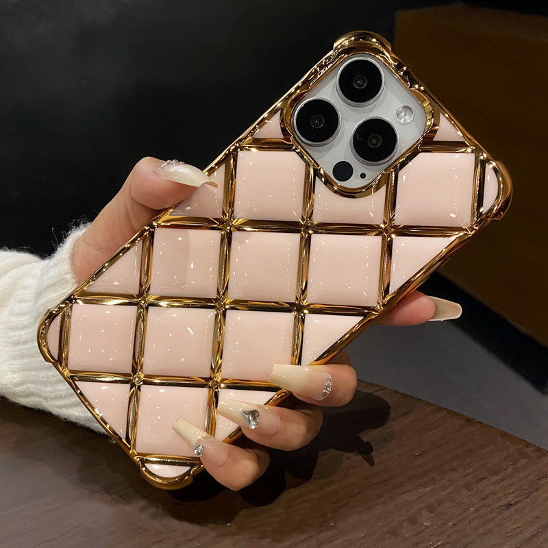 Luxury Plating Diamond Lattice Grid Shockproof Phone Case Gold Plated Cover for iPhone Models, Elegant & Durable Protection