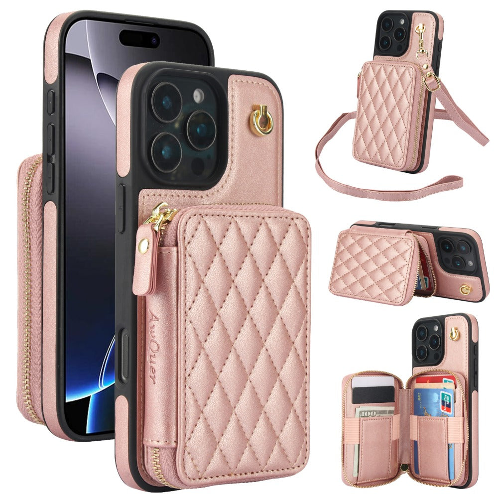 Luxury Crossbody Lanyard Phone Case – Zipper Wallet Leather Cover with Card Holder, Shoulder Strap, and Full Protection for iPhone Models