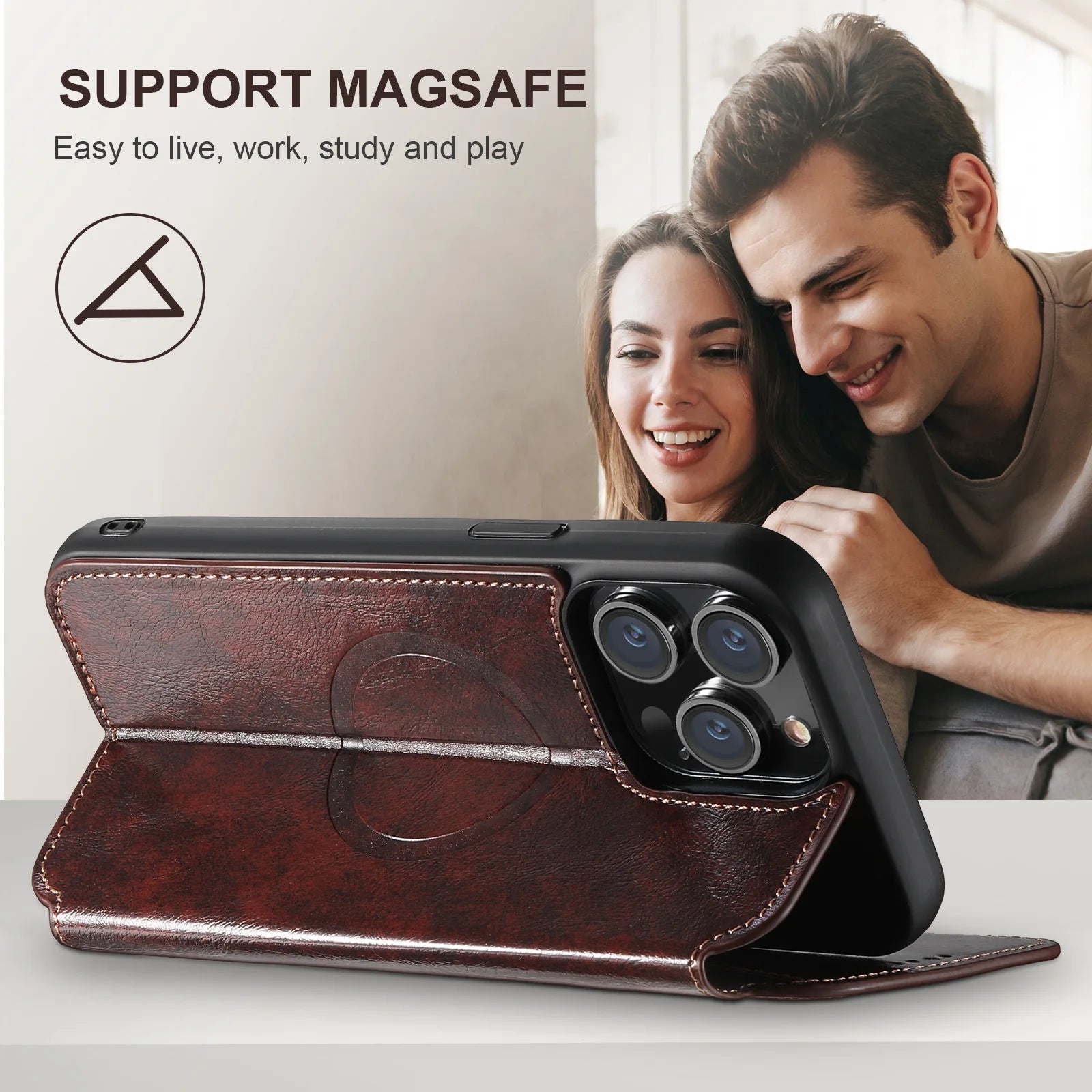 Luxury Leather Magnetic Flip Case – MagSafe Wallet Card Holder, Wireless Charging Compatible, Shockproof Protection, Elegant Design for iPhone Models