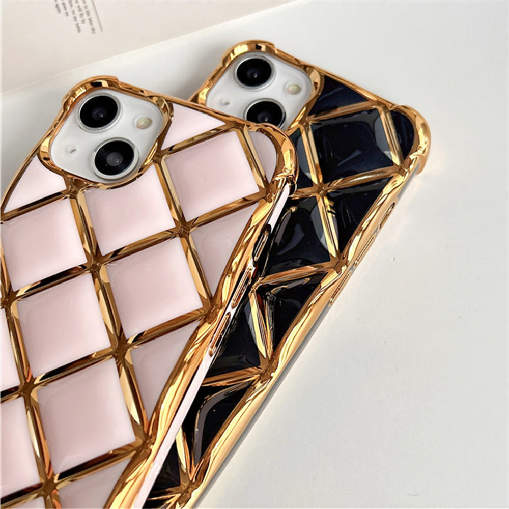 Luxury Plating Diamond Lattice Grid Shockproof Phone Case Gold Plated Cover for iPhone Models, Elegant & Durable Protection