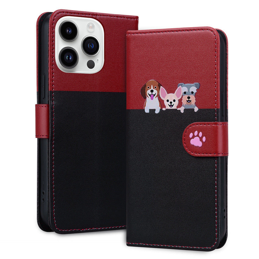 Cartoon Anime Flip Leather iPhone Case – Cute Pet Cat & Dog Print, Card Holder, Book-Style Wallet Cover, Magnetic Closure