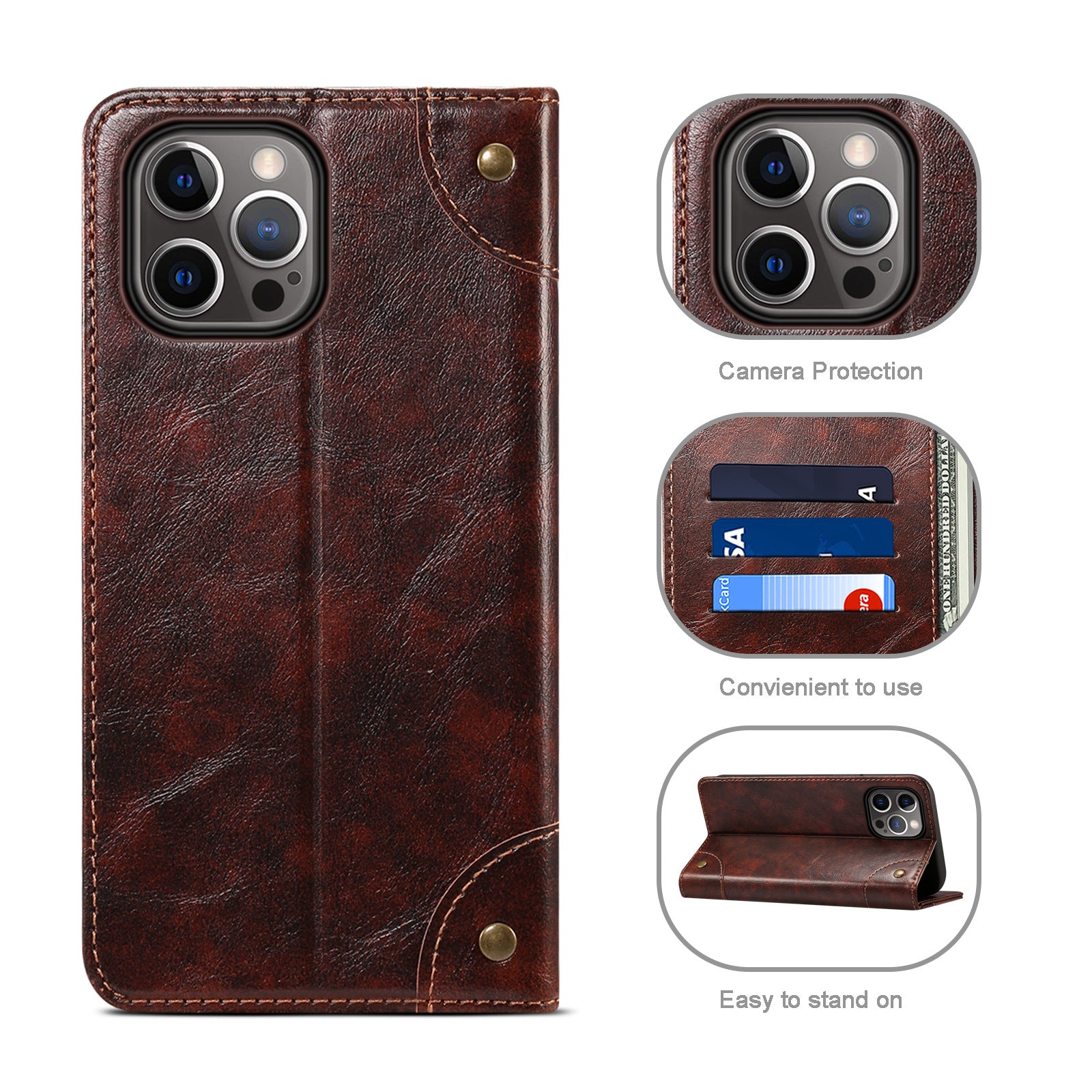 Luxury Genuine Leather Wallet Flip Case – Magnetic Closure, Card Holder, Stand Function, Shockproof Protective Cover, Classic Book-Style Design