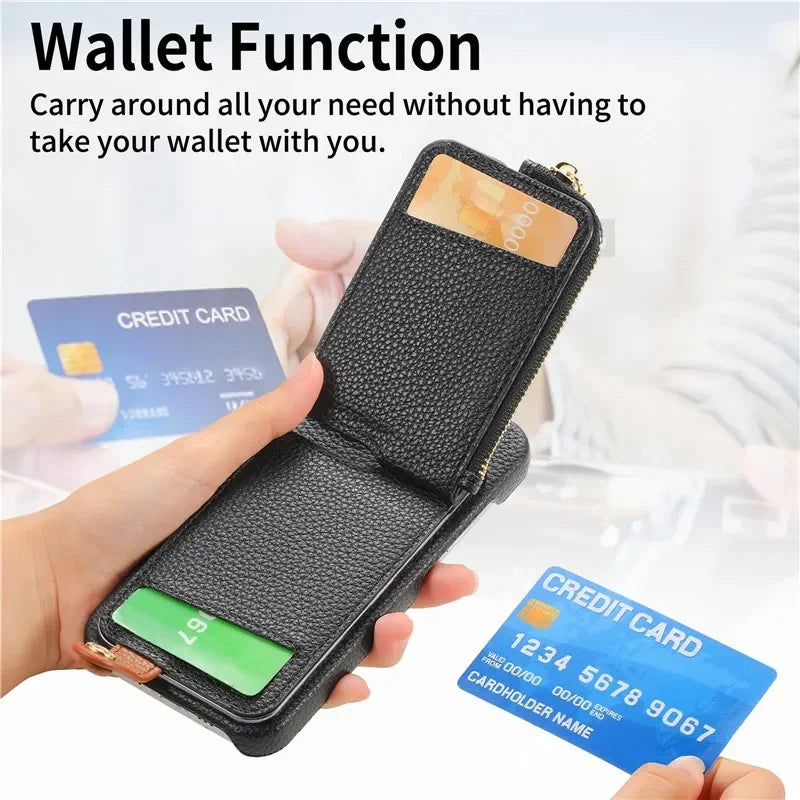 Luxury Leather Zipper Wallet Phone Case – Card Holder, Ring Kickstand, Shockproof Cover for iPhone Models