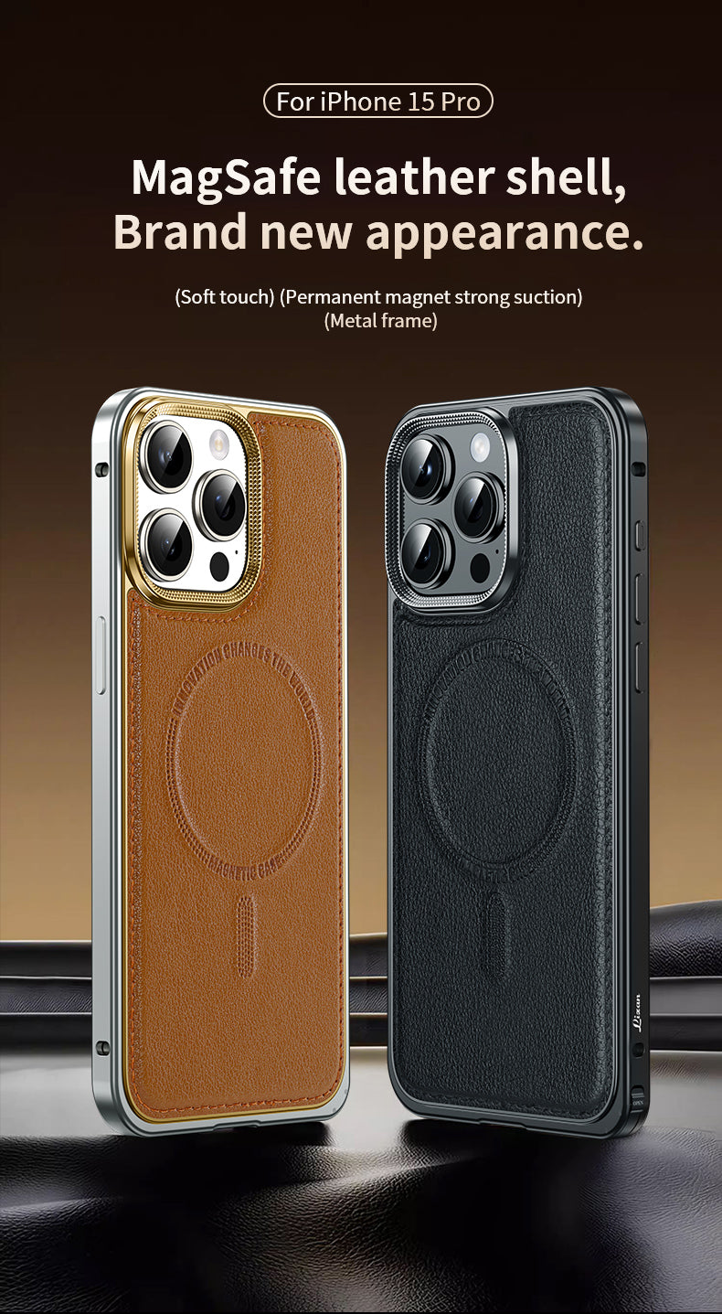 Luxury Leather MagSafe Phone Case Aluminum Alloy Frame with Leather Backplate Shockproof and Stylish Design for iPhone Models