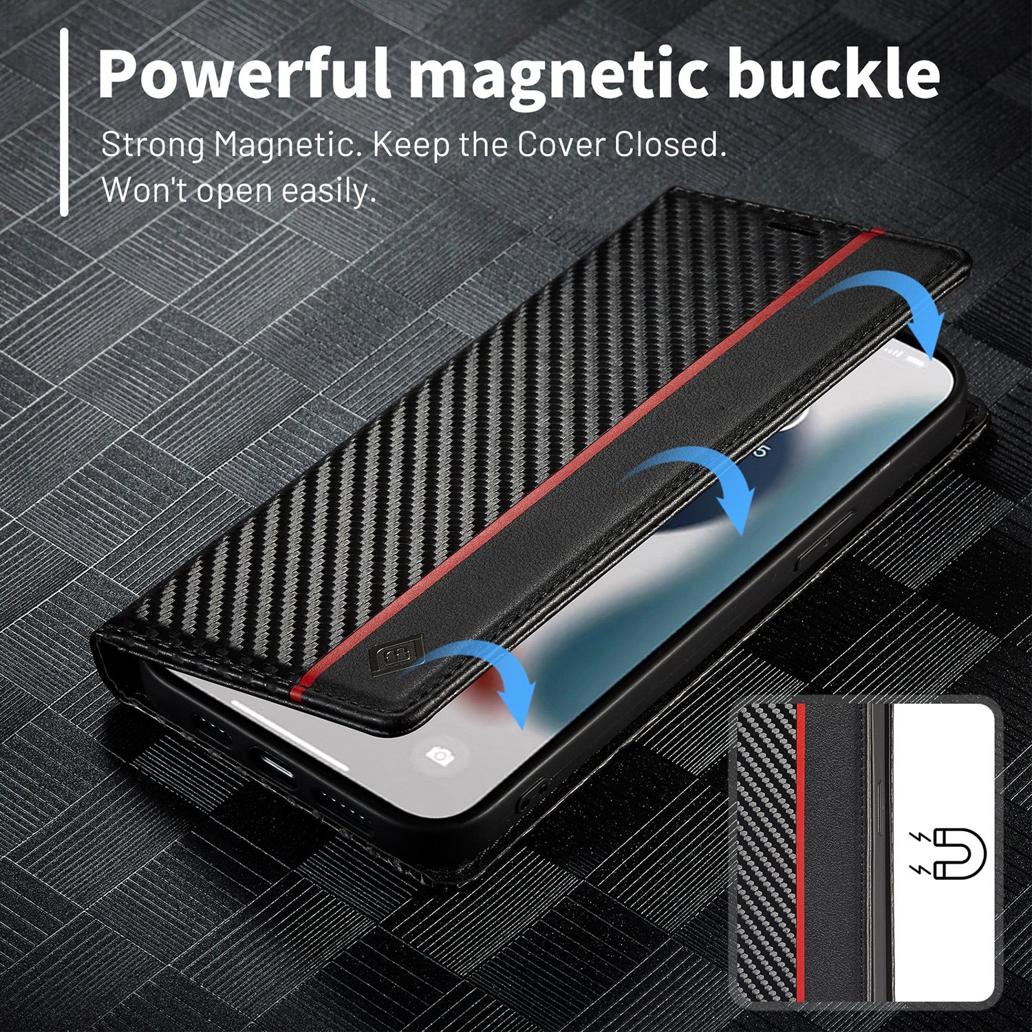 Luxury Carbon Fiber Leather Wallet iPhone Case – Magnetic Flip Cover, Card Holder, Shockproof Protection, Stylish & Durable for iPhone