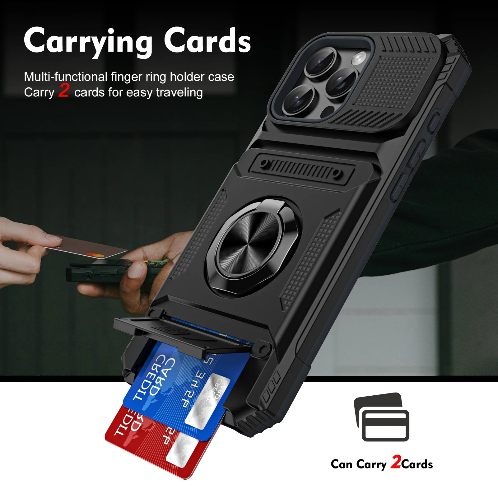 Magnetic Card Holder Case – Rotating Ring Kickstand, Heavy-Duty Shockproof Wallet Cover for iPhone Models