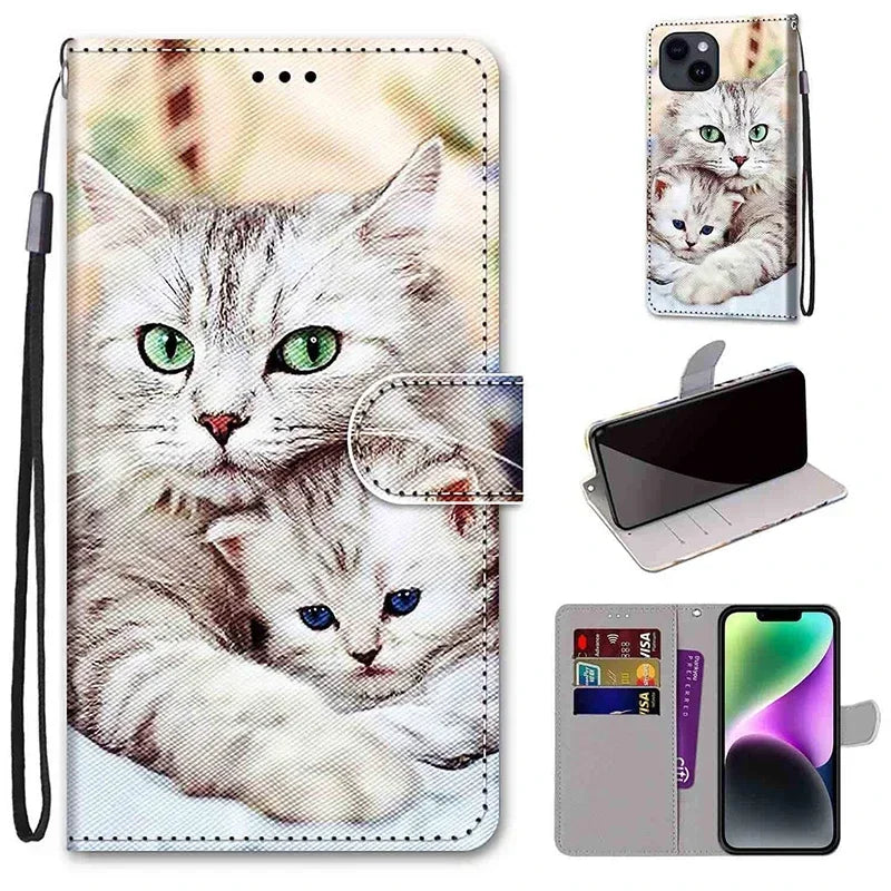 Kids Wallet Flip Case for iPhone – Etui Card Holder, Flower & Cat Painted Pattern, Leather Phone Cover with Magnetic Closure