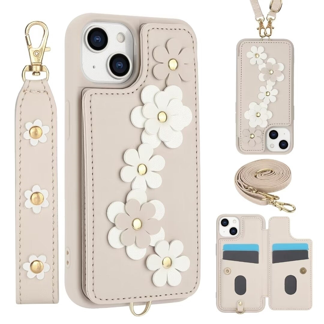 Luxury Crossbody Wallet Leather Phone Case – 3D Flower Design, Card Slot, Wrist Strap, Magnetic Closure, Protective Cover