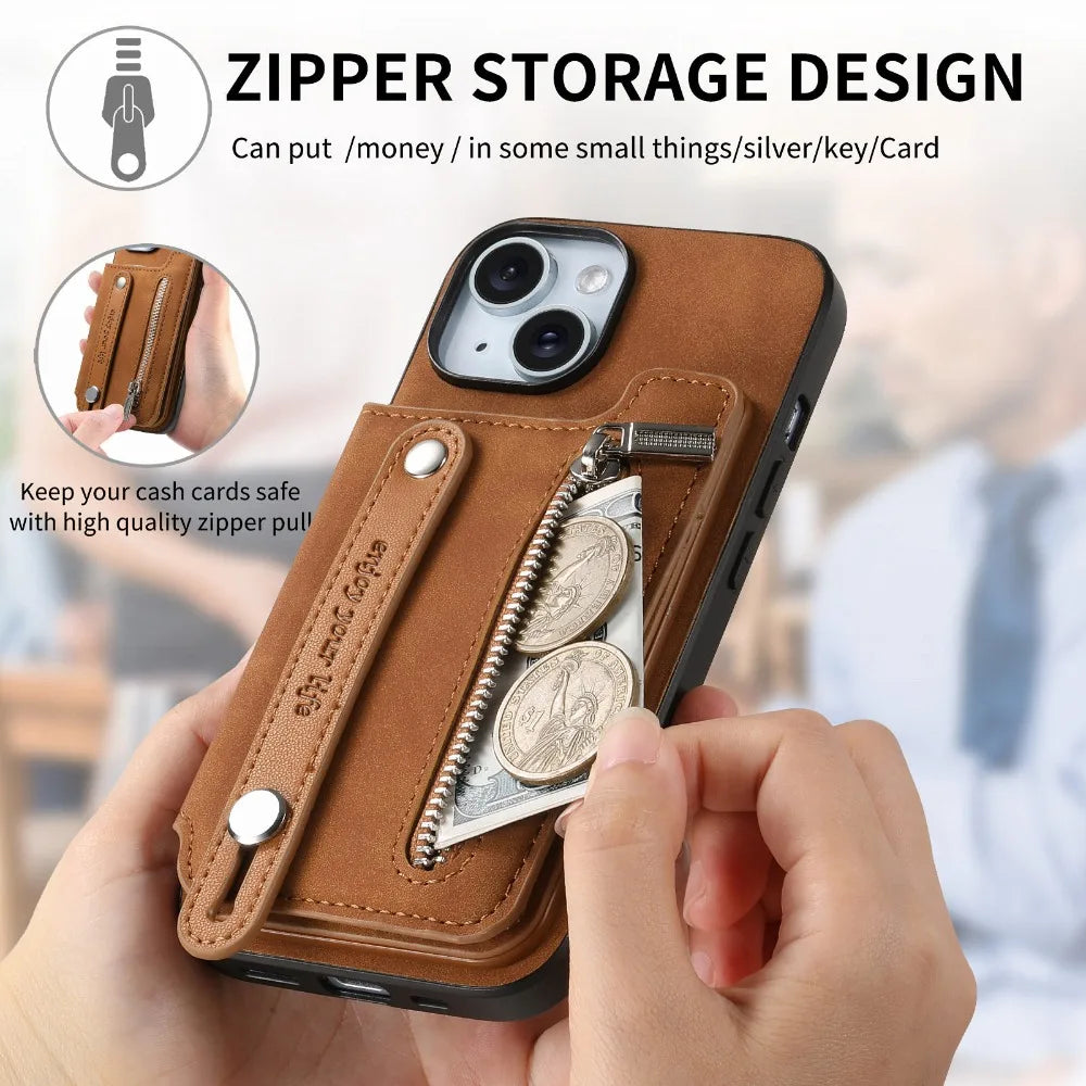 Luxury Detachable Zipper Wallet Phone Case – Magnetic Flip Cover with Card Slots, Wrist Strap, and Full Protection for Ultimate Convenience