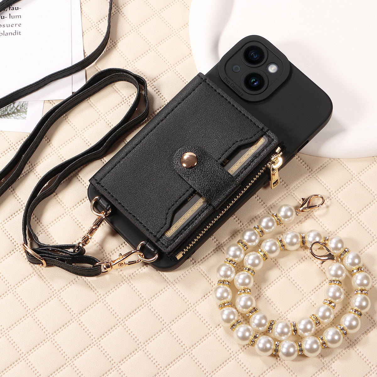 Luxury Stylish Mirror Zipper and Pearl Cord Phone Case for iPhone – Fall-Proof Faux Leather, Crossbody Purse for iPhone