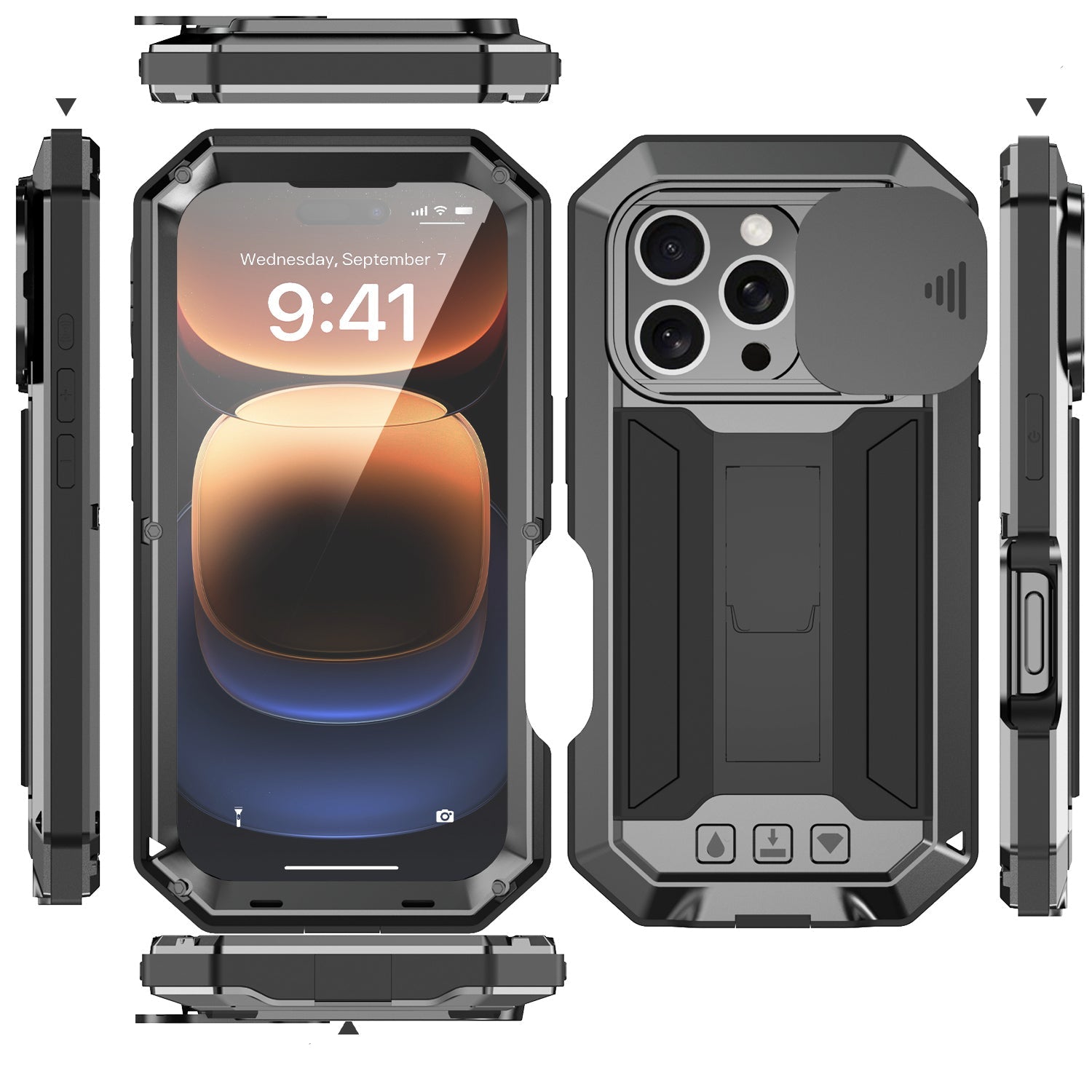 Military Heavy-Duty Metal iPhone Case – Full-Body Hybrid Cover with Slide Camera Protection & Built-in Screen Protector for iPhone Models