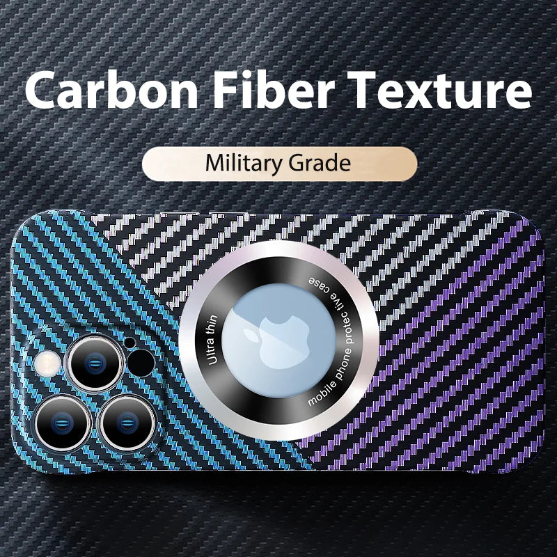 Ultra-Thin Carbon Fiber MagSafe Case – Frameless Matte PC Cover with Logo Hollow and Magnetic Ring for iPhone Models