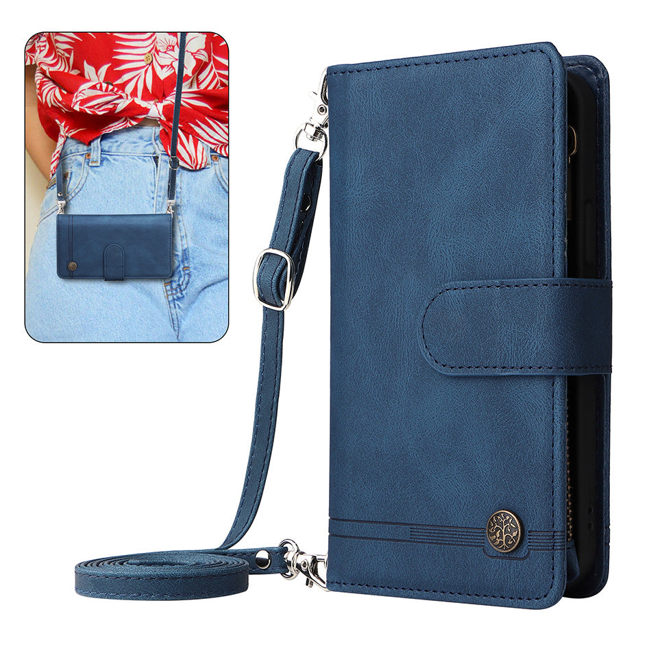 Premium Retro Flip Leather Case – Zipper Wallet, Multi-Card Slots, Necklace Lanyard, Magnetic Closure, Shockproof Protection for iPhone