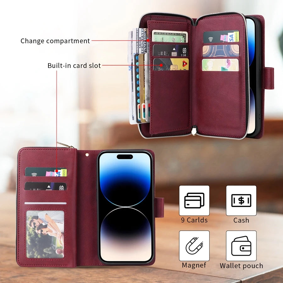 Premium 9 Card Slots Leather Wallet Case – Durable Zipper Flip Cover, Magnetic Stand, Shockproof Protection, Multi-Card Holder for iPhone