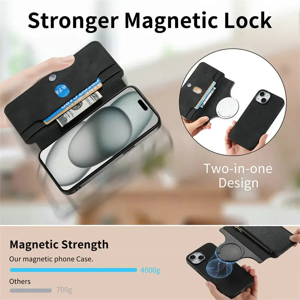 Premium 2-in-1 Magnetic Wallet Case – Zipper Leather Bag, Card Slot, Wireless Charging Compatible, Shockproof Protection for iPhone