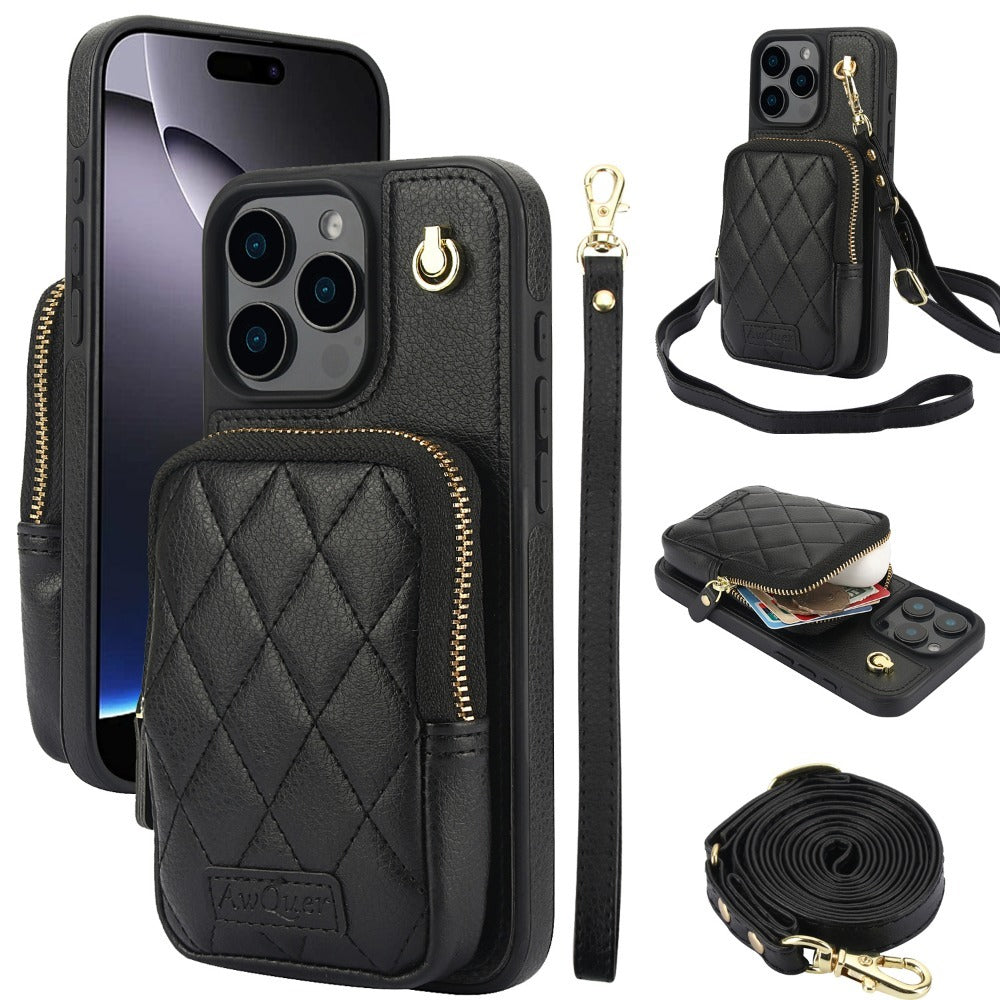 Luxury Crossbody Lanyard Phone Case – Zipper Wallet Leather Cover with Card Holder, Shoulder Strap, and Full Protection for iPhone Models