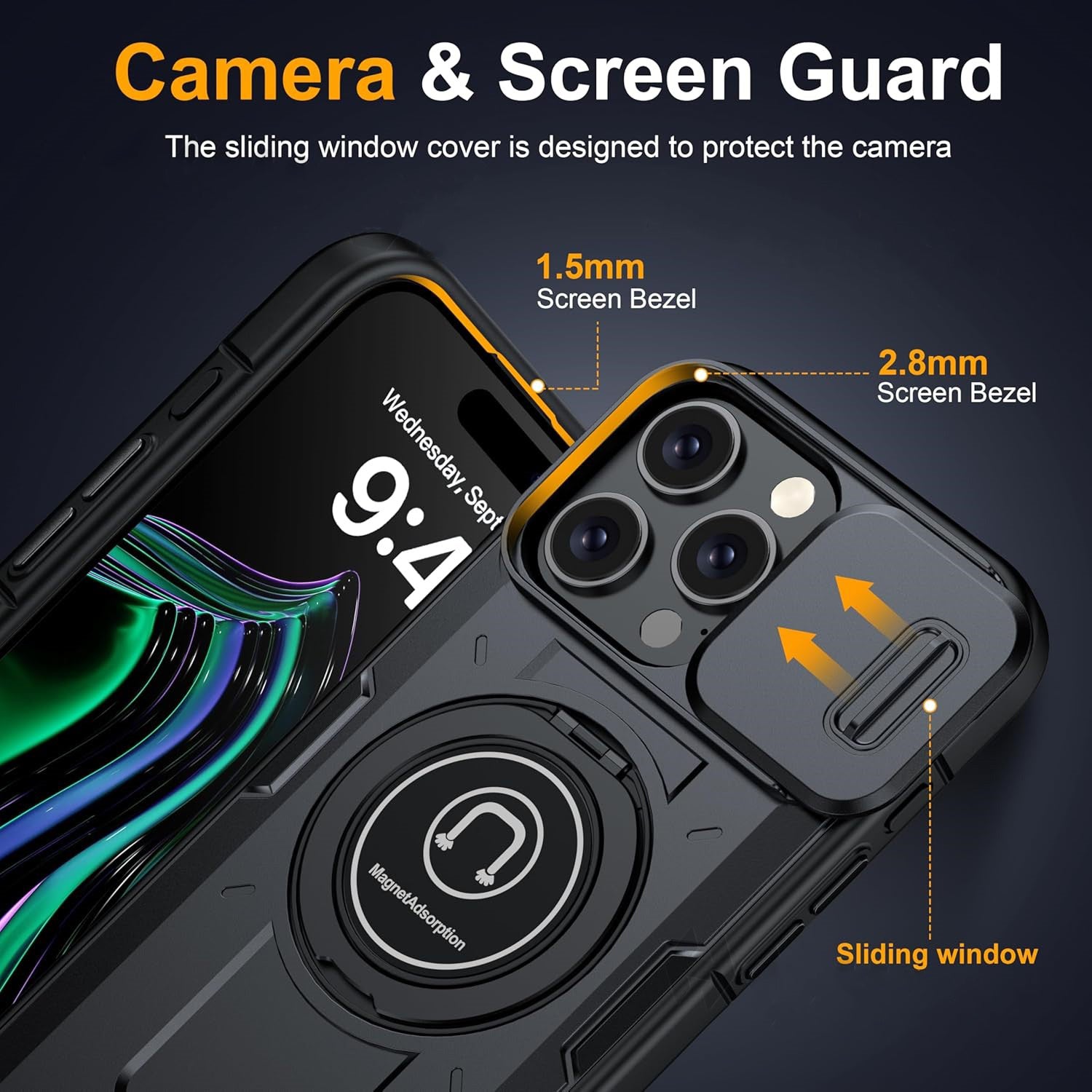 Slide Camera Ring Stand Armor Case – Anti-Fall Protection Kickstand Cover for iPhone Models