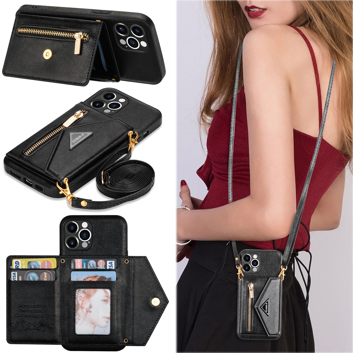 Zipper Wallet Crossbody Leather Case – Card Holder, Lanyard Strap, Secure Storage, Stylish Protection for iPhone Models