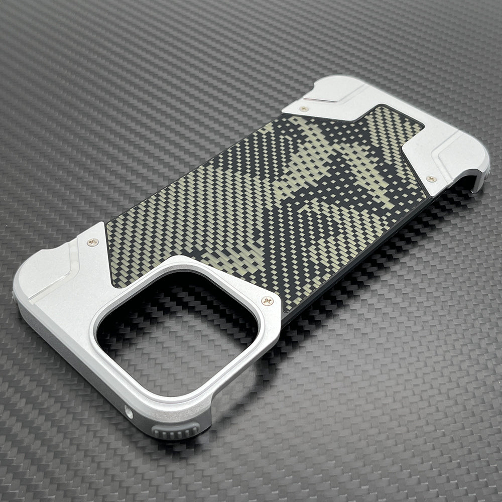 Camouflage Metal Armor Case Frameless Real Carbon Fiber Cover with Built-In Magnet for iPhone Models, Durable and  Protection