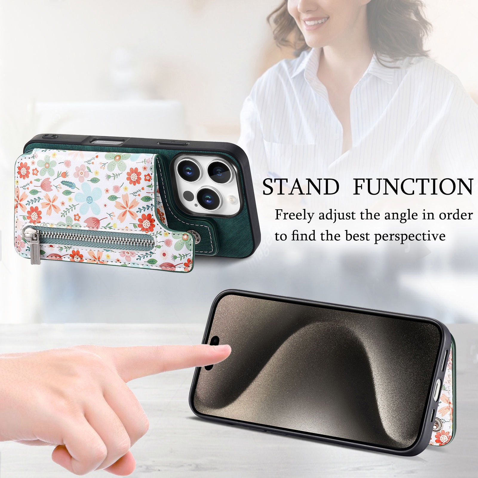 Zipper Card Slot Wallet Case – Magnetic Closure, Purse Pocket, Floral Design, Shockproof Protective Cover for iPhone