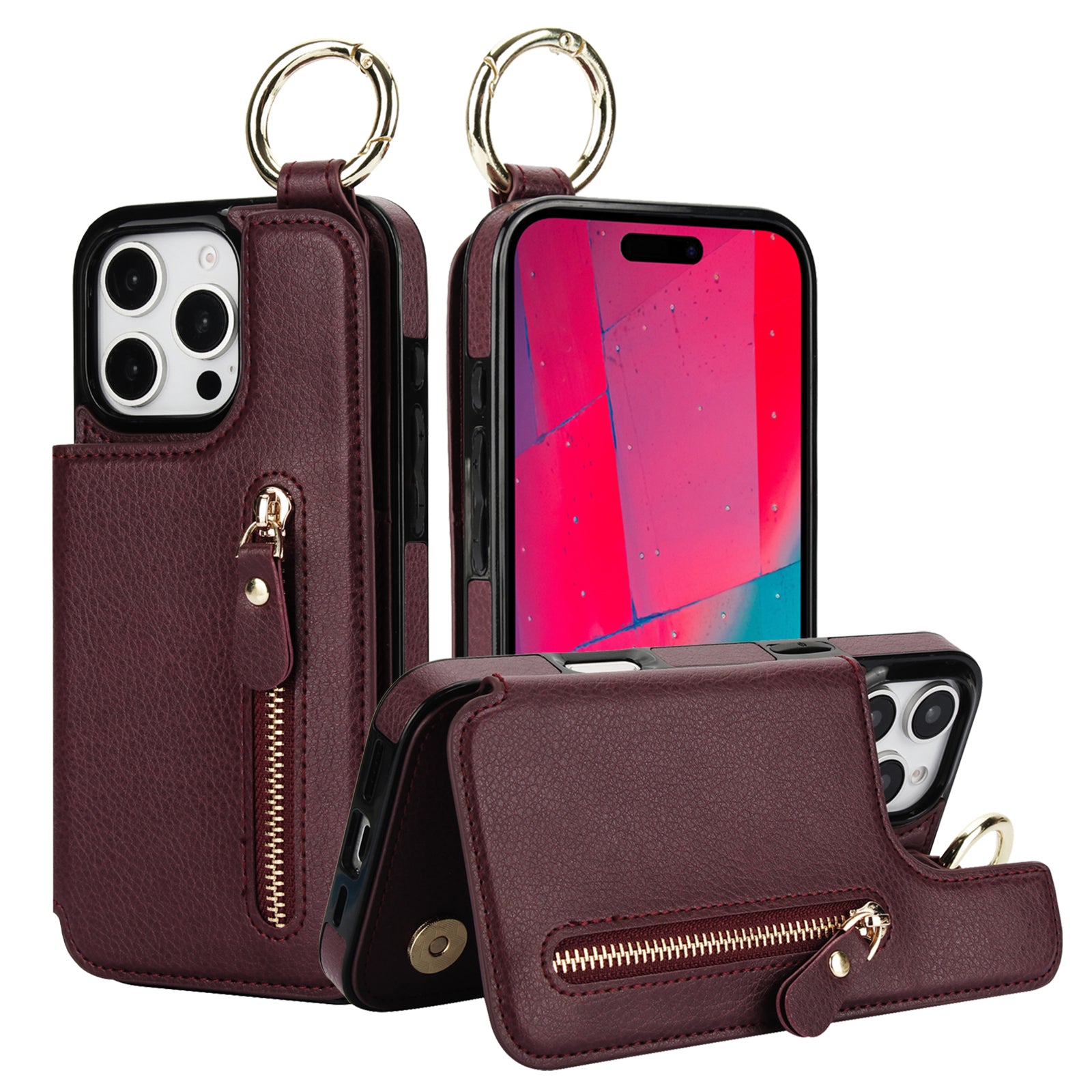 Luxury Zipper Wallet Leather iPhone Case – Card Holder, Ring Stand, Shockproof Protection, and Crossbody Design for Secure & Stylish Convenience