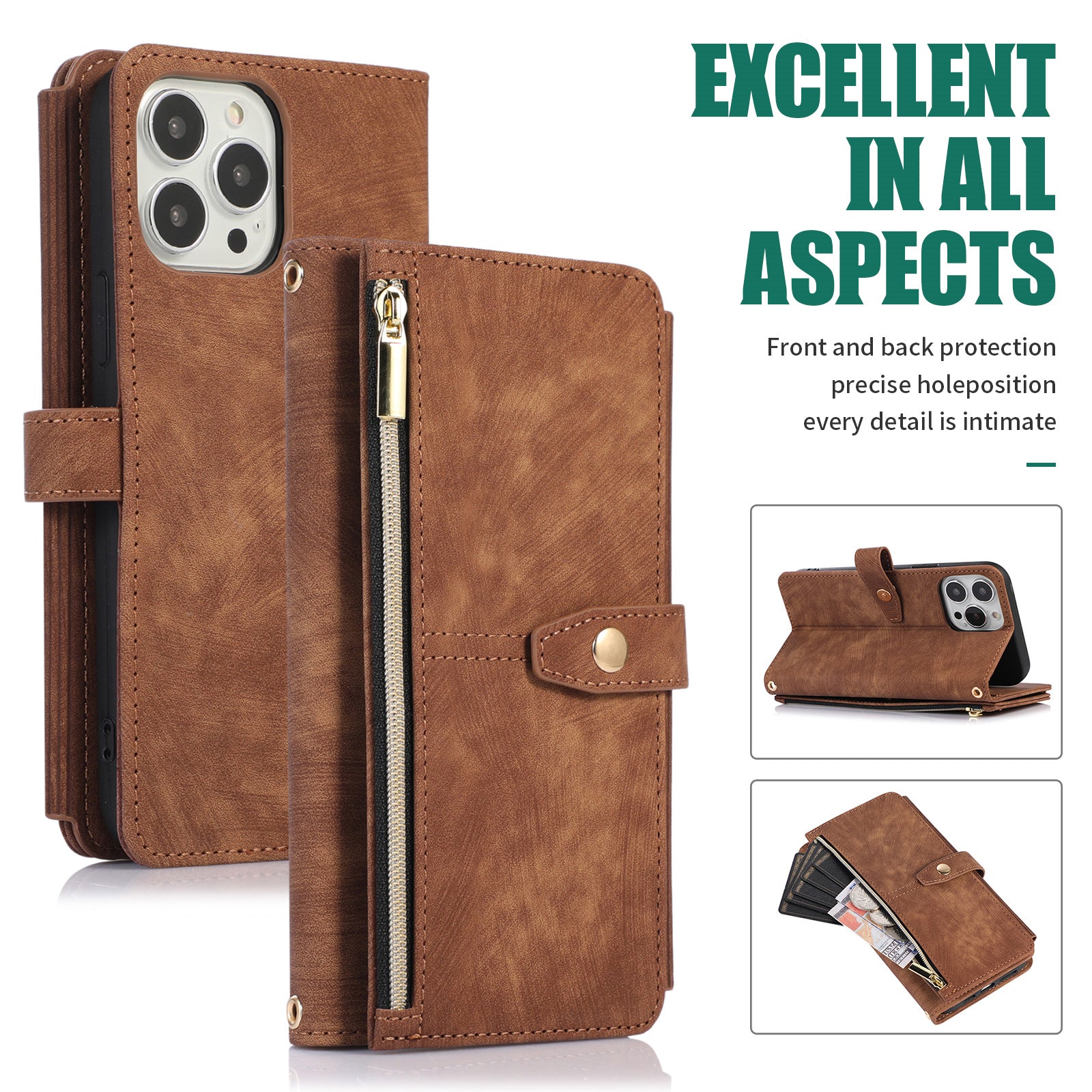 Luxury Crossbody Zipper Wallet Case – Leather Card Holder, Lanyard Strap, Magnetic Closure, Shockproof Flip Cover, Hands-Free Convenience for iPhone