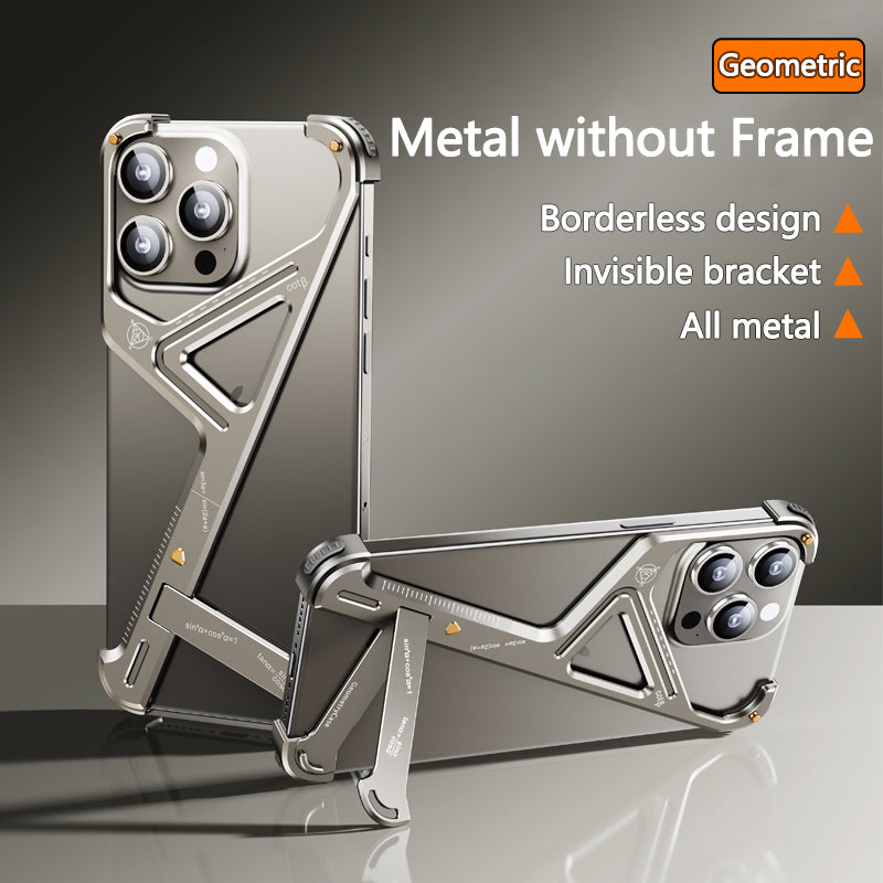 Luxury Geometric Metal Phone Case – Aluminum Alloy Shockproof Cover with Removable Stand for iPhone Models, Stylish and Durable Design